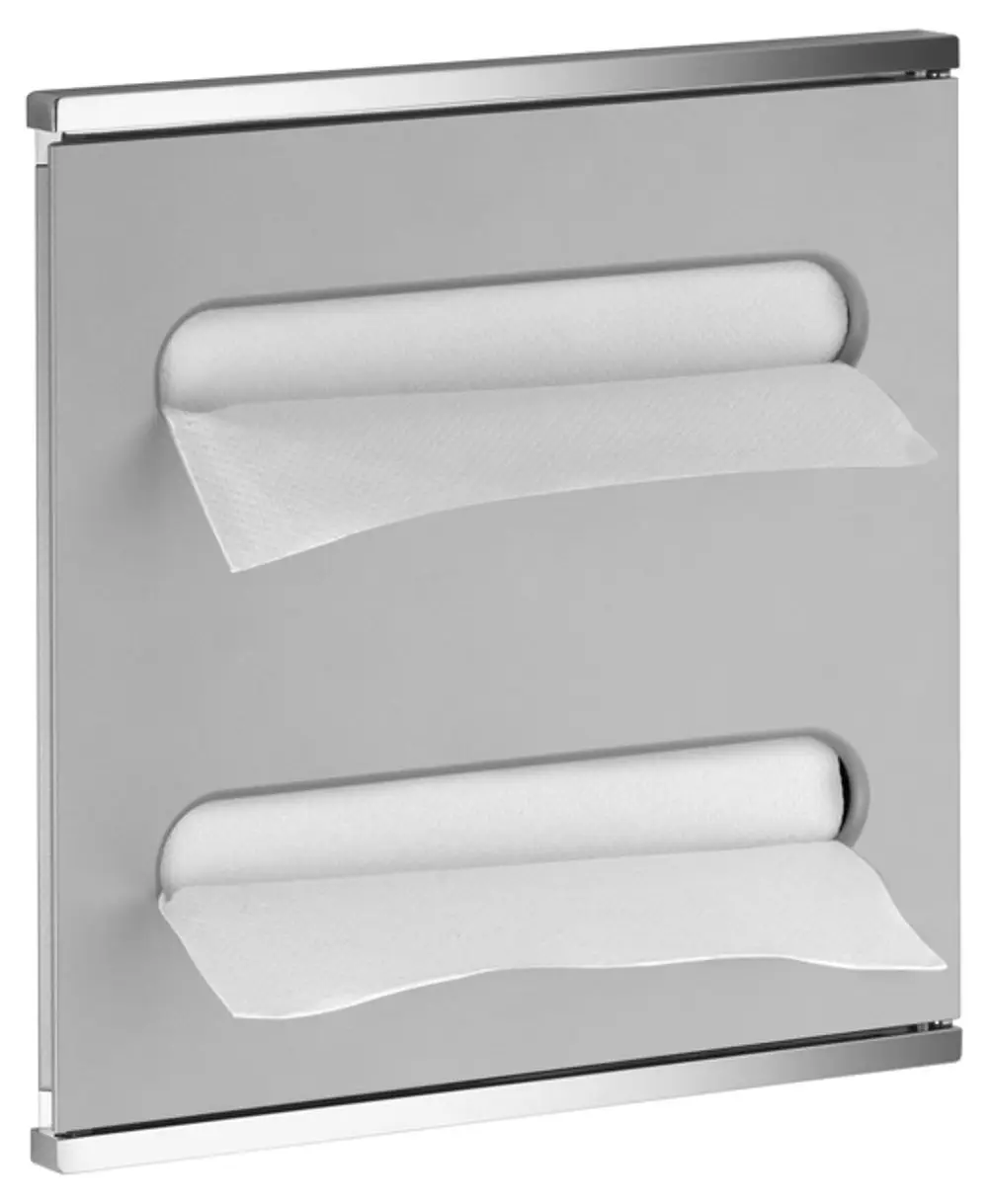 Wandmontage-Element von Keuco mit zwei Halterungen für Papierrollen. Aus verchromtem Aluminium gefertigt und links angeschlagen.